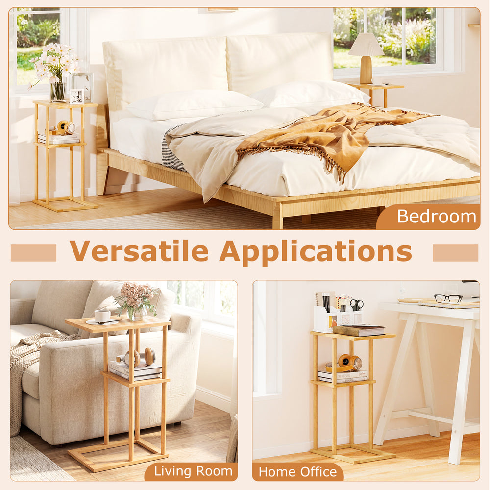 Bamboo side table set of 2 with storage shelves, ideal for bedroom, living room, or home office use.