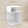 S-shaped side table in white with dimensions 13" x 13" x 20", featuring two open compartments for versatile use.