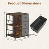 Side table with charging station, rustic brown finish, featuring three drawers and open shelves, dimensions shown.