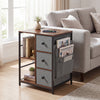 Rustic brown side table with charging station, three drawers, and open shelves for convenient storage and display.
