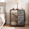 Industrial nightstand in rustic brown with charging station, open shelves, and three drawers for bedroom storage.