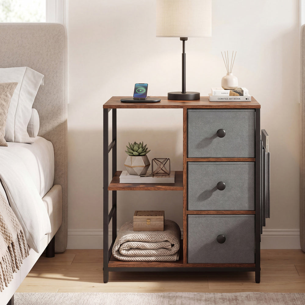 Industrial nightstand in rustic brown with charging station, open shelves, and three drawers for bedroom storage.
