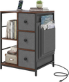 Industrial side table in rustic brown with charging station, open shelves, and three drawers for versatile storage.
