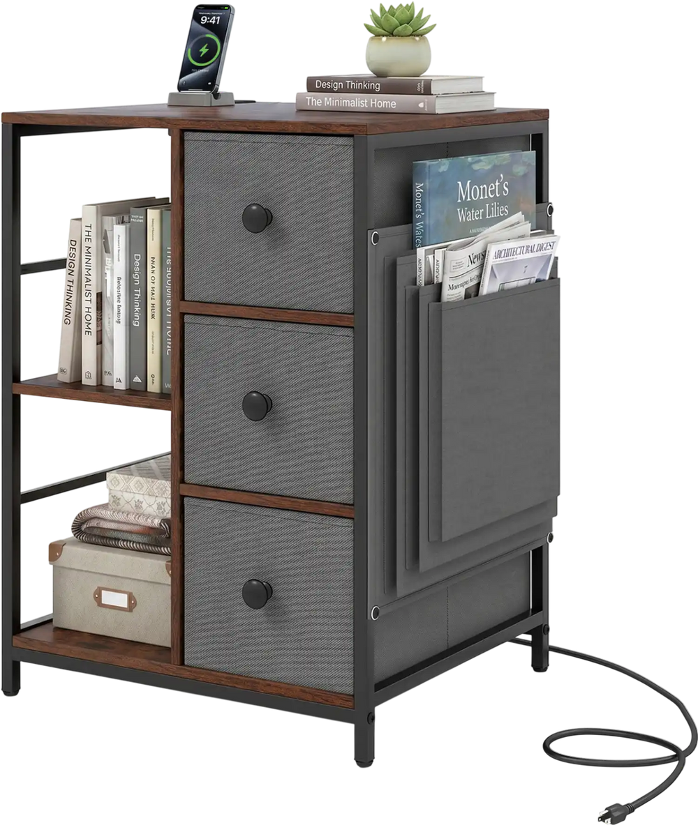 Industrial side table in rustic brown with charging station, open shelves, and three drawers for versatile storage.