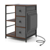 Side table with charging station, featuring rustic brown finish, three drawers, and open shelves for versatile storage.