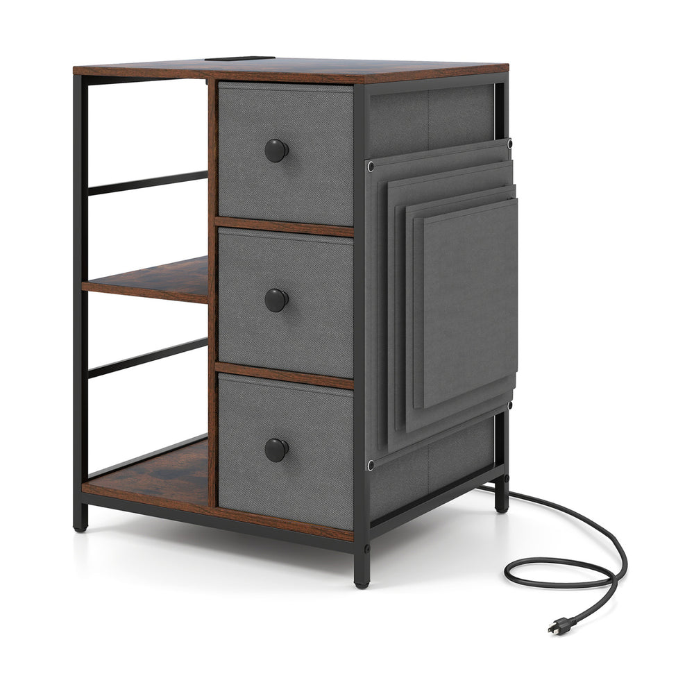 Side table with charging station, featuring rustic brown finish, three drawers, and open shelves for versatile storage.