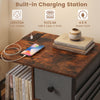 Side table with charging station featuring rustic brown finish, open shelves, and built-in USB and AC outlets.