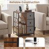 Side table with charging station in rustic brown, featuring open shelves and three drawers for versatile storage.