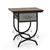 Side table featuring a rustic wood grain top, fabric drawer, and carved metal frame, ideal for living room or bedroom.