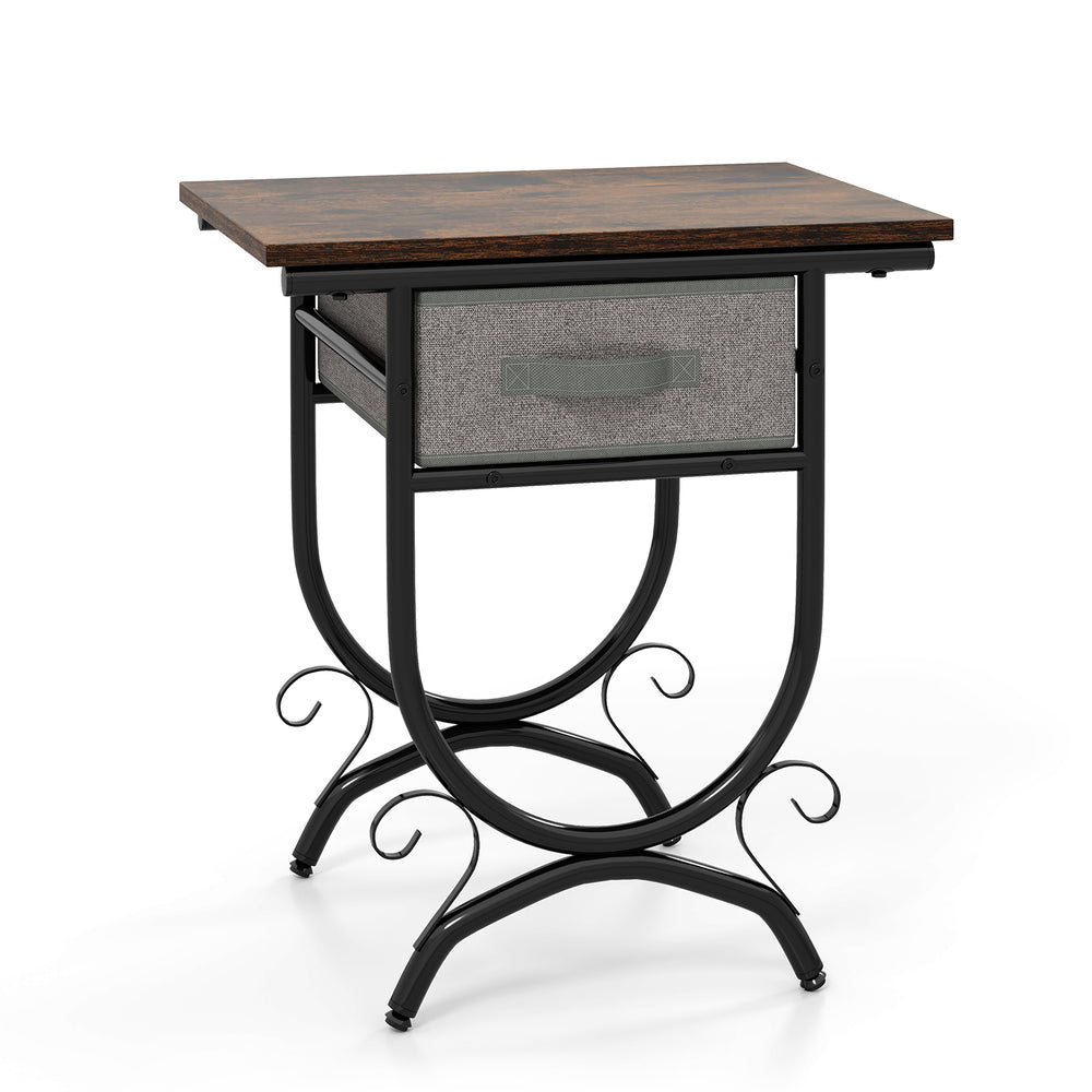 Side table featuring a rustic wood grain top, fabric drawer, and carved metal frame, ideal for living room or bedroom.