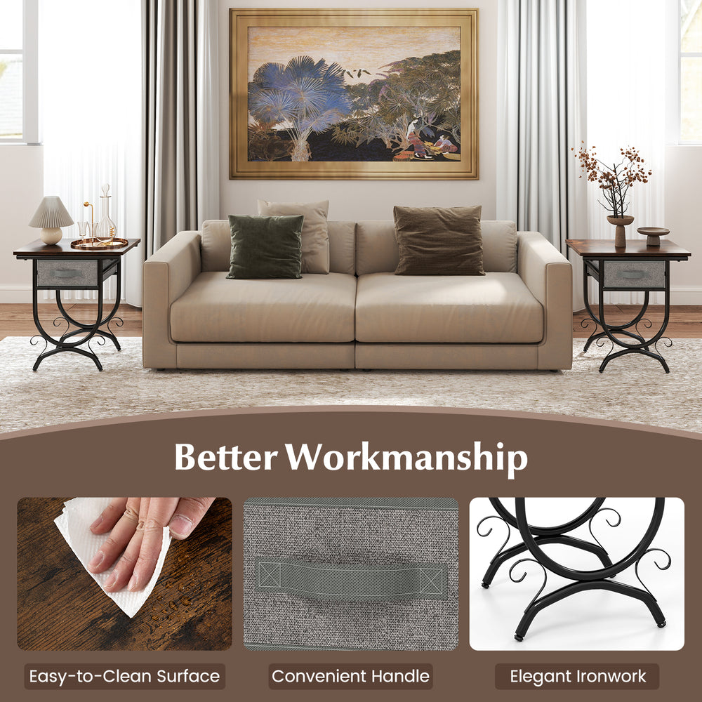 Side table with a fabric drawer and carved metal frame, featuring a rustic wood grain top for living room storage.