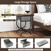 Side table with a wide tabletop and foldable fabric drawer, featuring a carved metal frame for living room or bedroom.