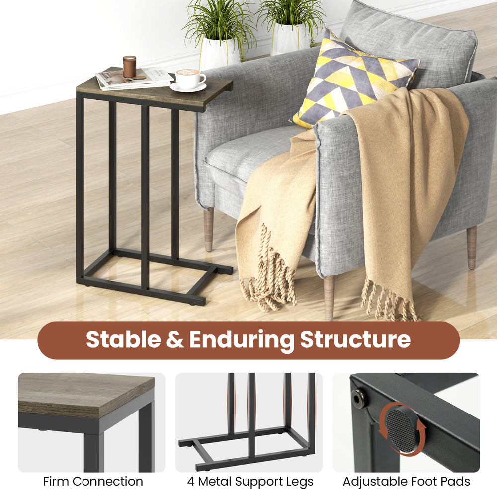 C-shaped side table with oak finish, metal frame, and adjustable foot pads, perfect for tight spaces and laptop use.