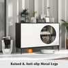 Sideboard cabinet with tempered glass door, raised metal legs, and adjustable shelves for versatile storage in any room.