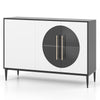 Sideboard cabinet with tempered glass door in white, featuring adjustable shelves and raised metal legs for versatile.