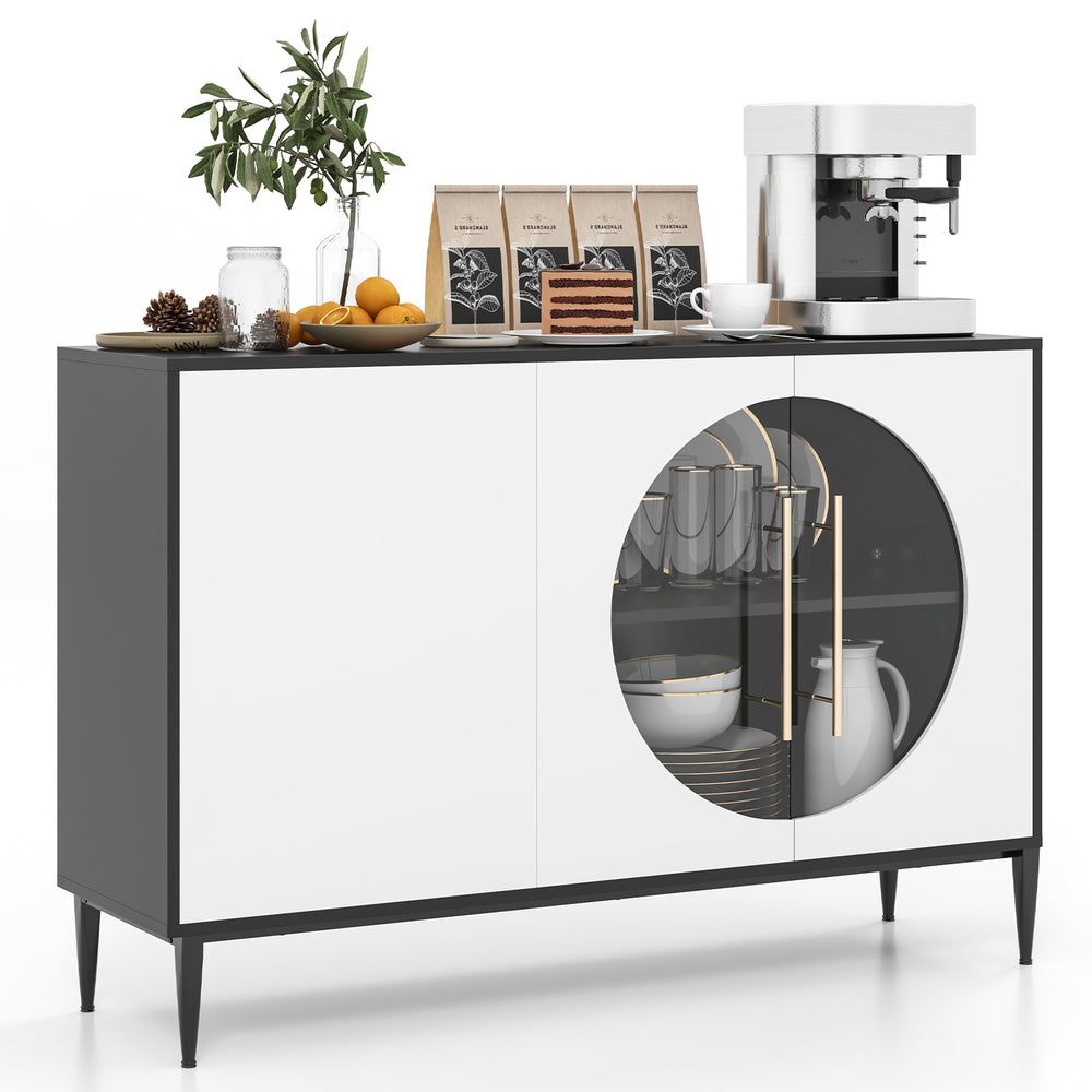 Sideboard cabinet with tempered glass door, white finish, featuring adjustable shelves, perfect for dining or living.