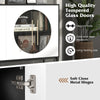 Close-up of the high-quality tempered glass doors on a white sideboard cabinet, showcasing elegant design and.
