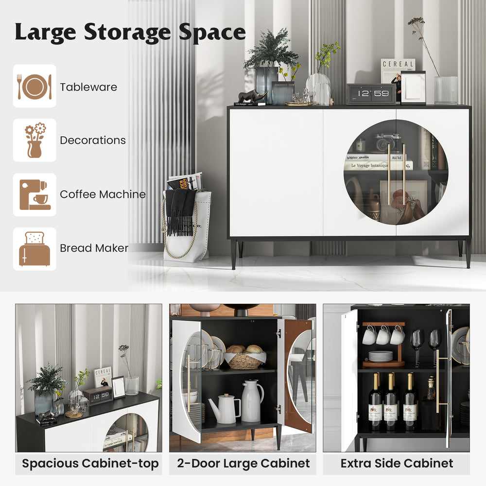 Sideboard cabinet with tempered glass doors, spacious top, and adjustable shelves for versatile storage in any room.