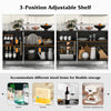 Adjustable shelves in a white sideboard cabinet with tempered glass doors, ideal for customizable storage in any room.