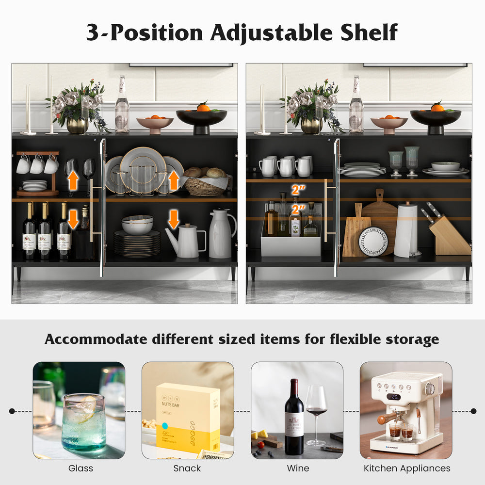 Adjustable shelves in a white sideboard cabinet with tempered glass doors, ideal for customizable storage in any room.