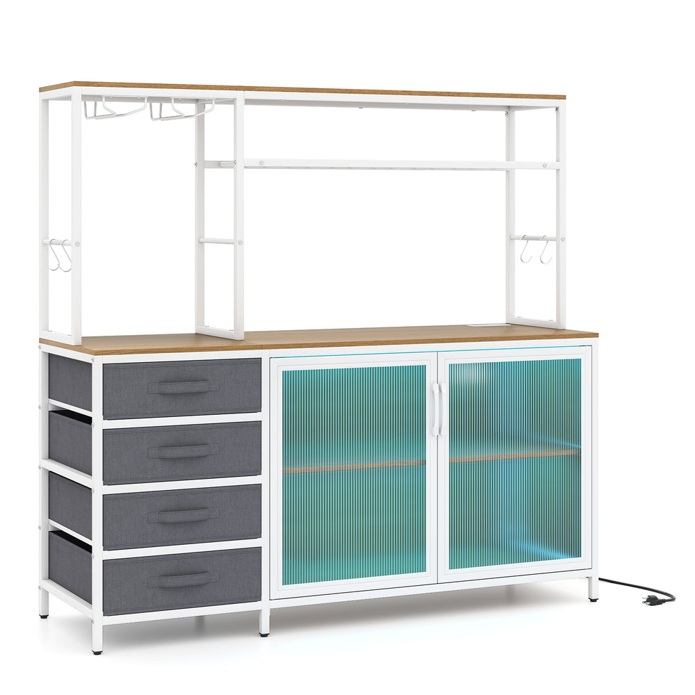 Sideboard buffet cabinet with LED lights, 2-door storage, 4 fabric drawers, and wine bottle rack for organized living.