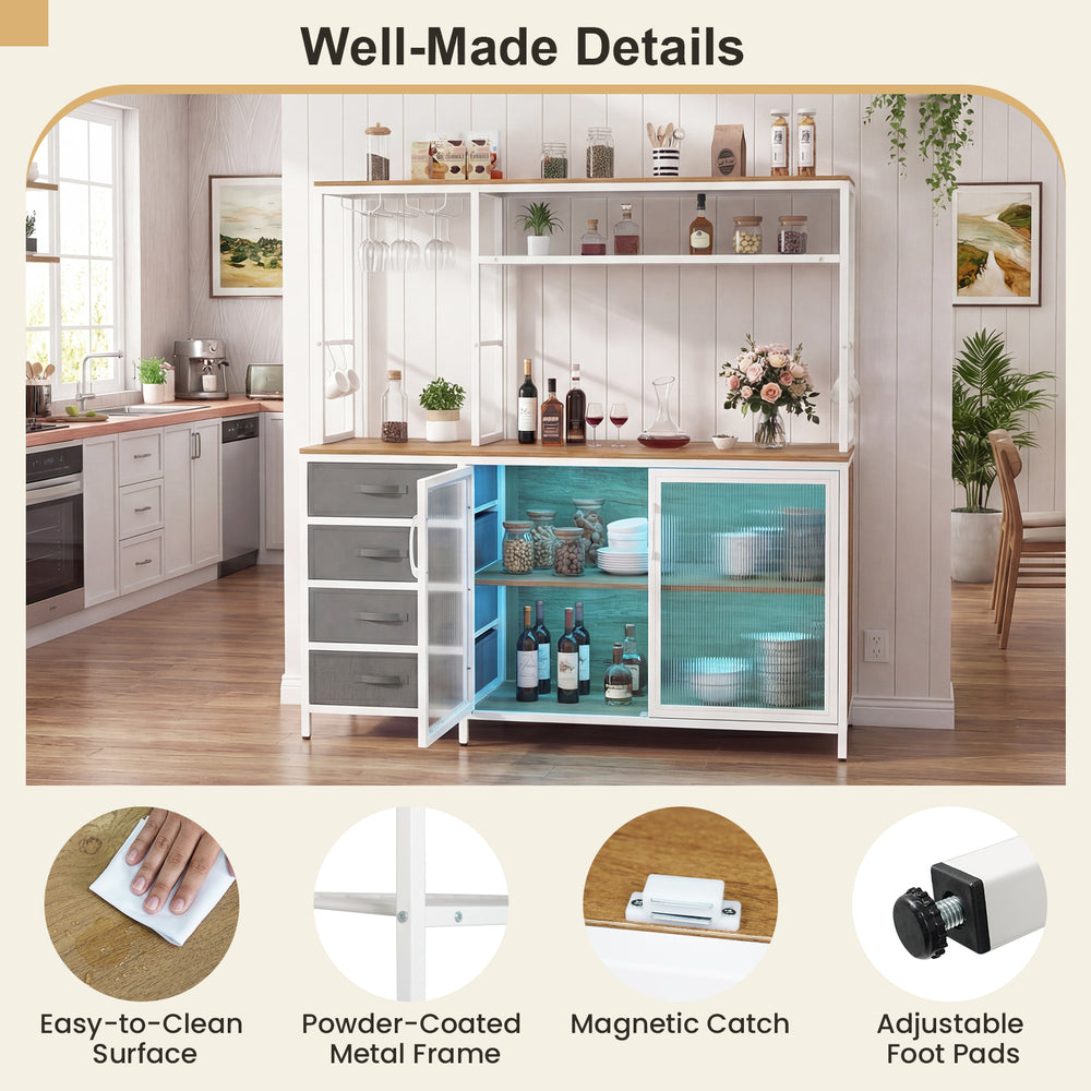 Sideboard buffet cabinet with LED lights, featuring a powder-coated metal frame, adjustable foot pads, and organized.