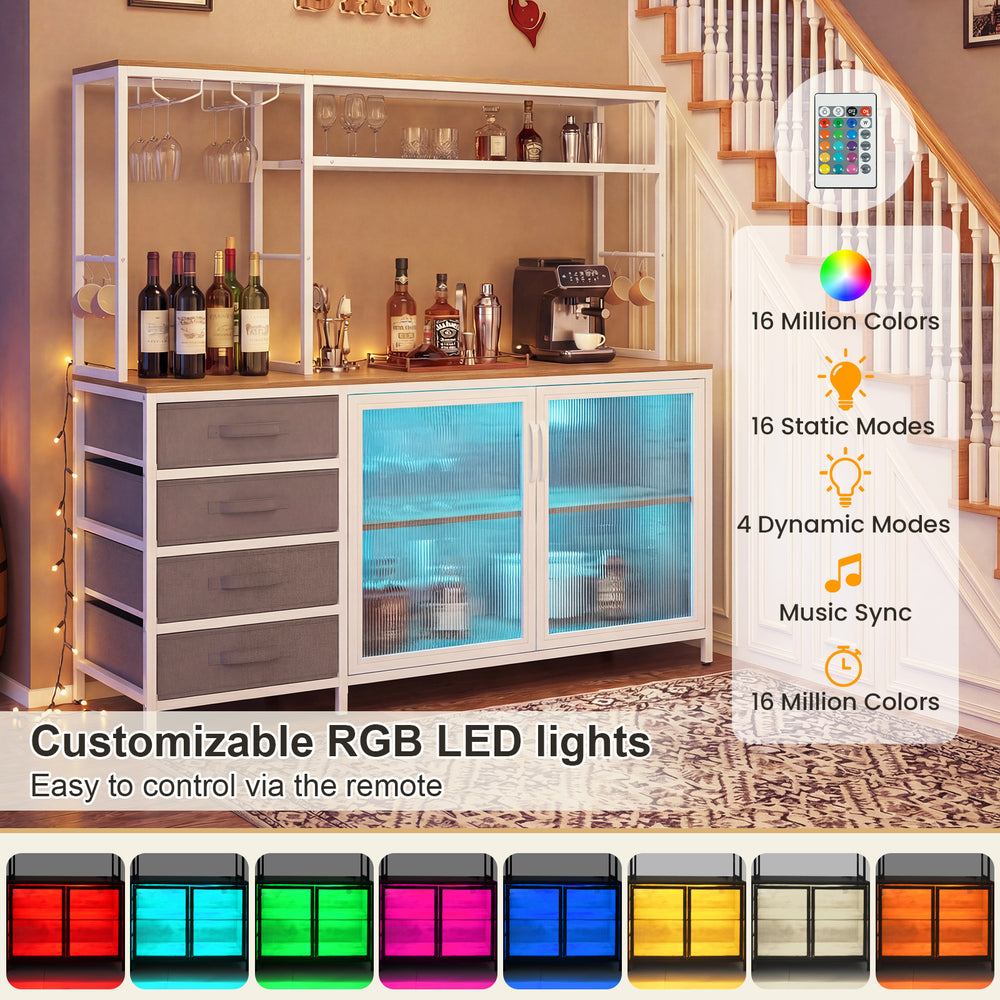Sideboard buffet cabinet with adjustable LED lights, 2-door storage, and 4 fabric drawers for organized living space.