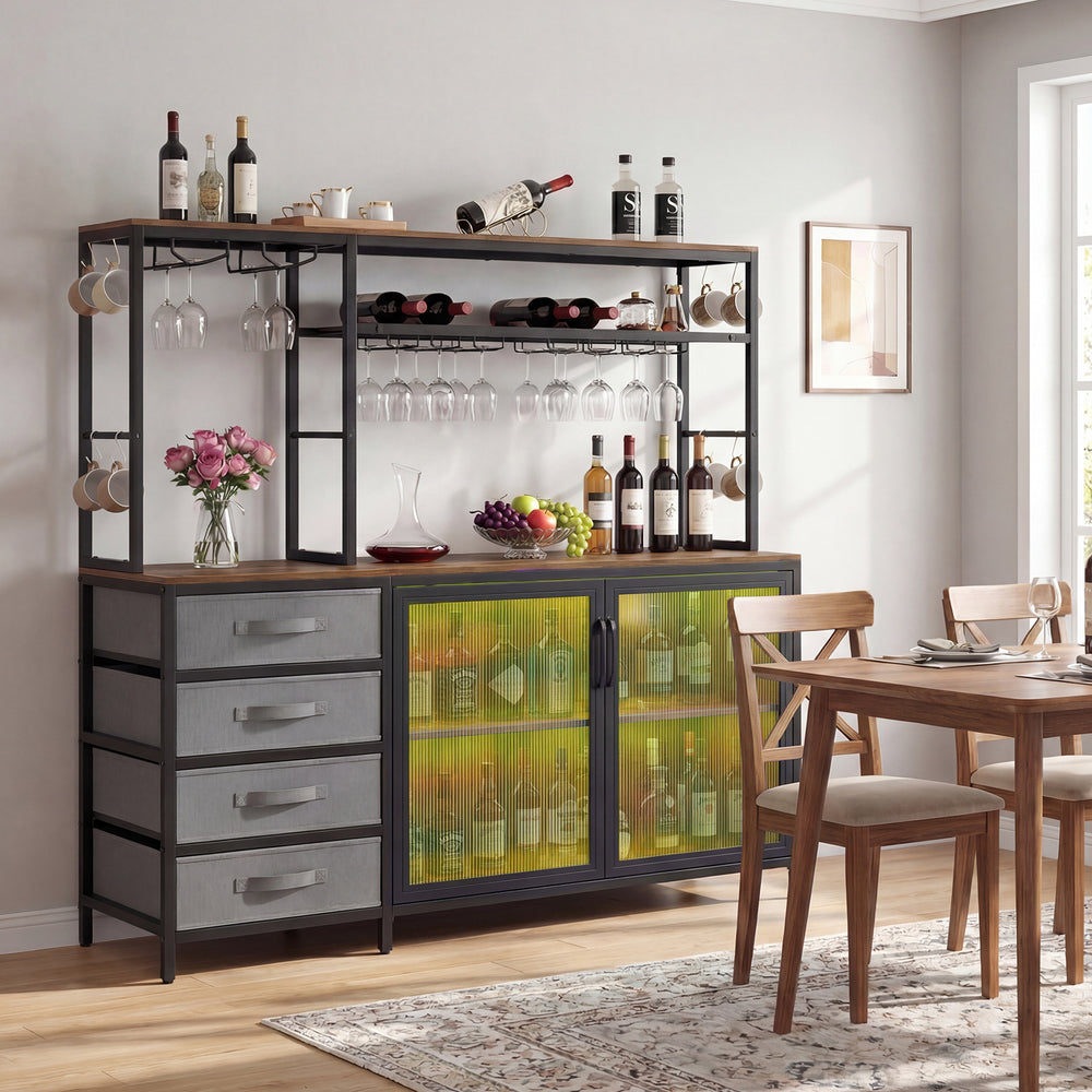 Sideboard Buffet Cabinet with LED Lights 55 inch Coffee Table with Power Outlets-Rustic Brown - Gallery View 1 of 9