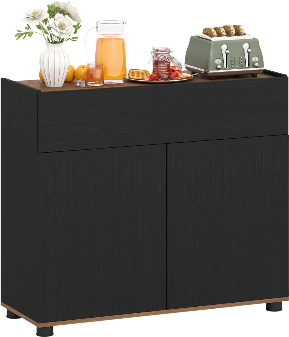 Black sideboard buffet cabinet with storage, featuring a wooden surface and push-to-open doors for kitchen or dining.