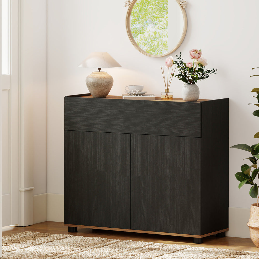 Black sideboard buffet cabinet with rustic charm, featuring a countertop ideal for decor and easy access to essentials.