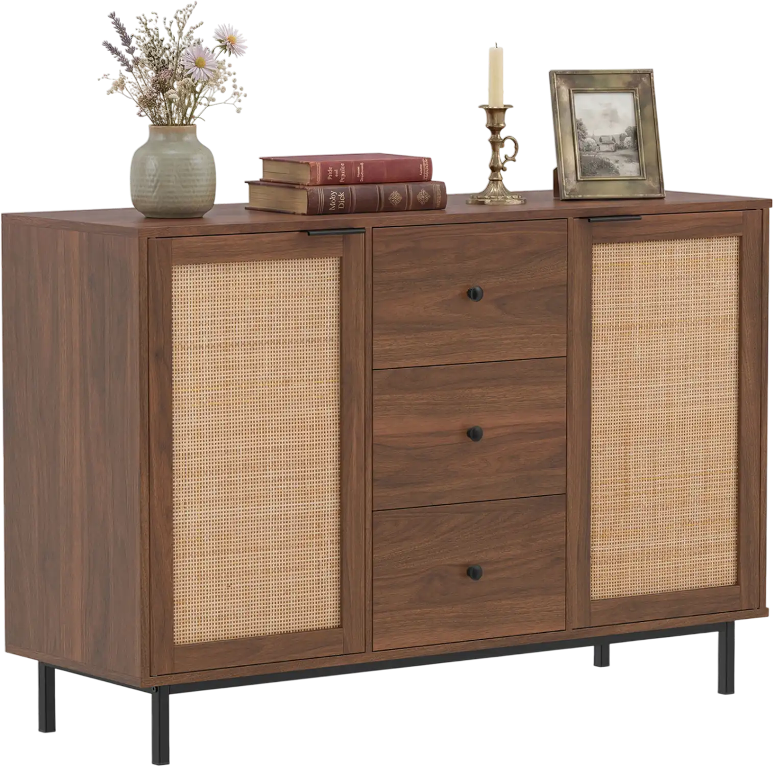 Costway Rustic Farmhouse Sideboard Buffet Cabinet Coffee Bar w/ 2 Rattan Doors 3 Drawers 26945800 New