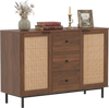Sideboard buffet cabinet in brown with a spacious tabletop and natural rattan doors, ideal for kitchen or hallway decor.