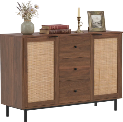 Costway Rustic Farmhouse Sideboard Buffet Cabinet Coffee Bar w/ 2 Rattan Doors 3 Drawers 26945800 New
