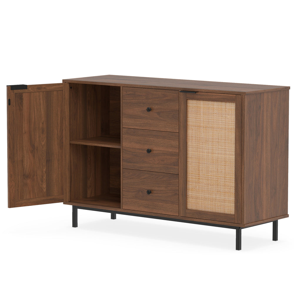 Rustic farmhouse sideboard buffet cabinet in brown with 2 rattan doors and 3 drawers, perfect for living room or dining room.