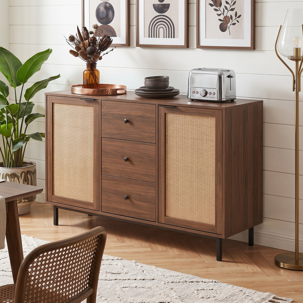 Sideboard buffet cabinet in brown with natural rattan doors and spacious tabletop, ideal for dining room organization.