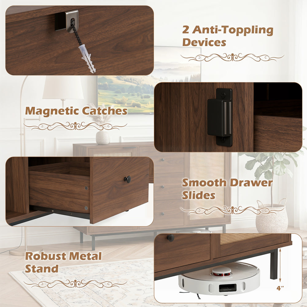 Rustic farmhouse sideboard buffet cabinet in brown with rattan doors, three drawers, and a robust metal stand for versatile storage.