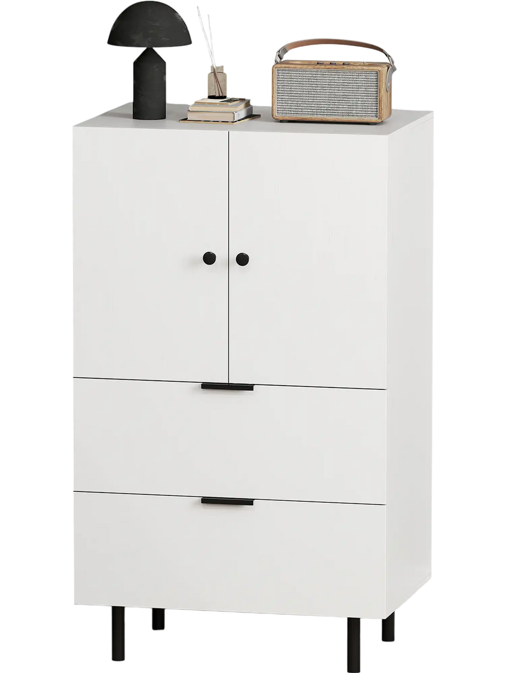 White sideboard buffet cabinet with 2 doors and drawers, ideal for dining supplies, featuring sturdy metal legs.
