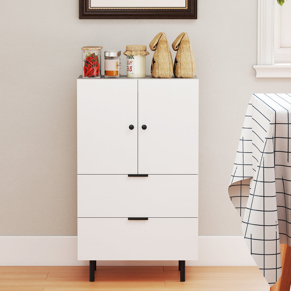 White sideboard buffet cabinet with two doors and drawers, ideal for dining supplies in living or dining rooms.
