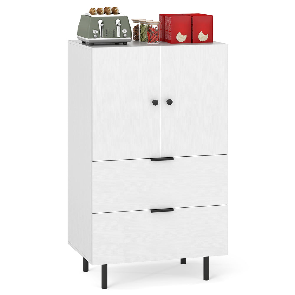 White sideboard buffet cabinet with 2 doors and drawers, ideal for dining supplies, suitable for kitchen or living room.
