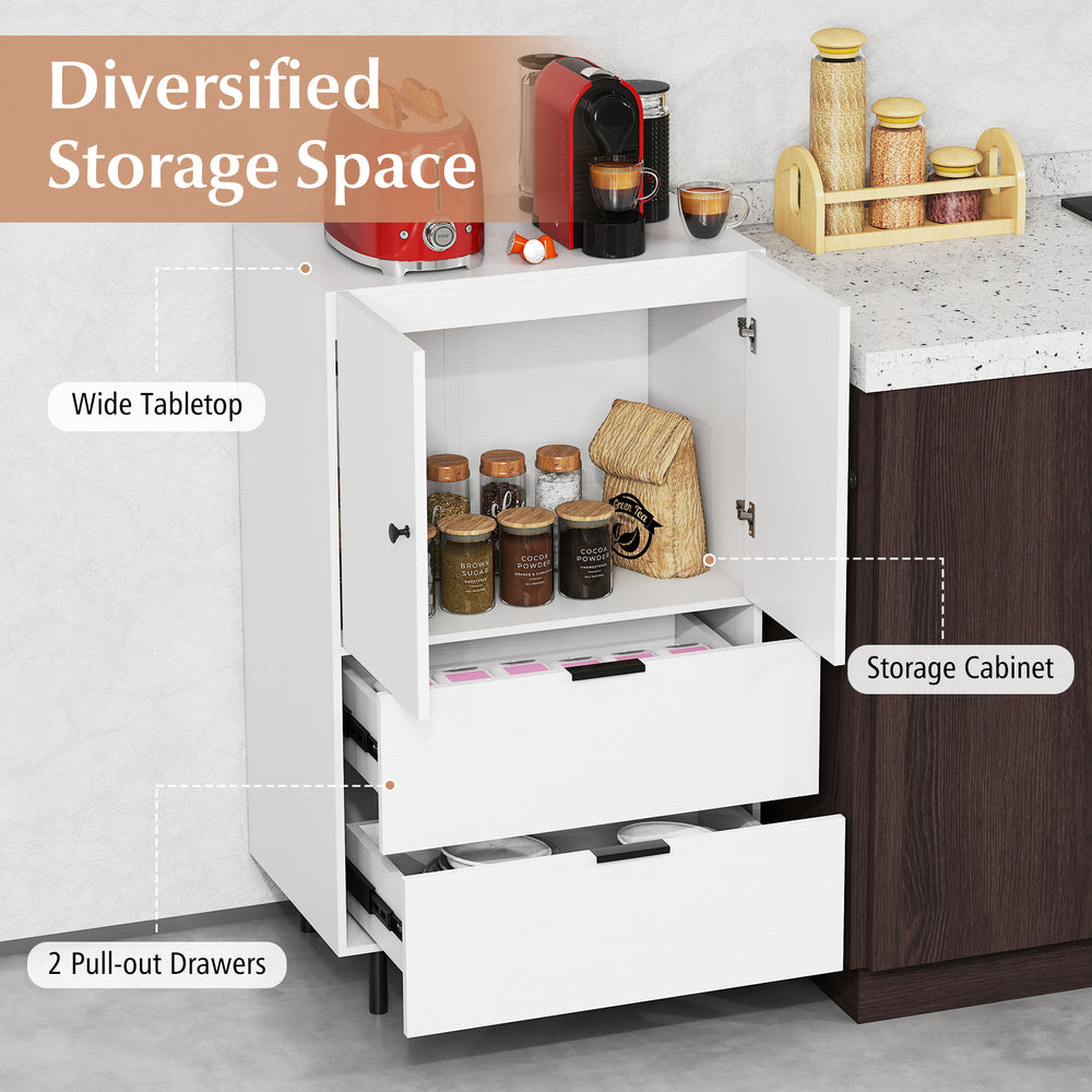 Sideboard buffet cabinet in white with 2 doors and 2 pull-out drawers, ideal for kitchen or dining room storage.