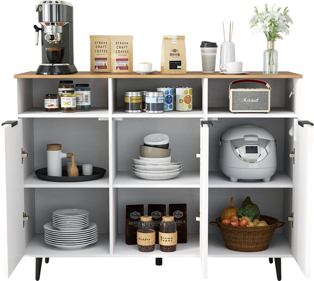 White sideboard buffet cabinet with adjustable shelves, open compartments, and storage doors, ideal for kitchen.