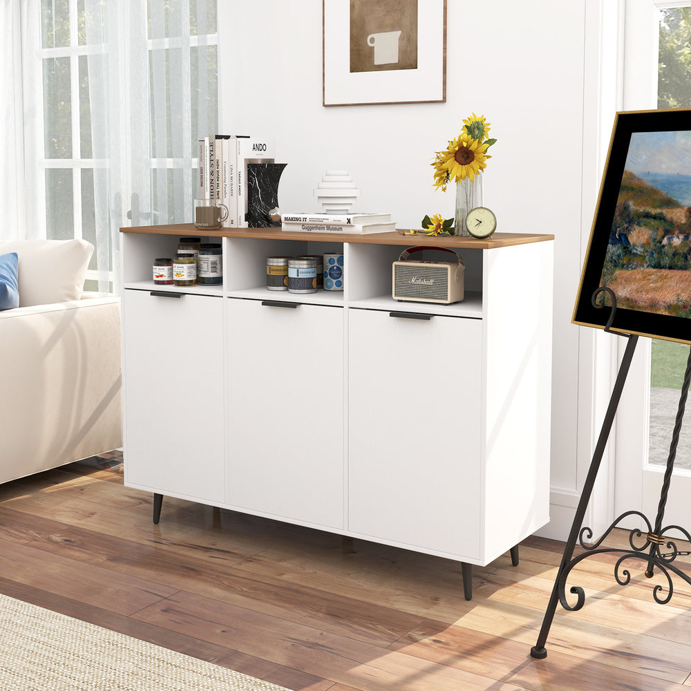White sideboard buffet cabinet showcasing a top surface with decorative items, perfect for kitchen or living room decor.