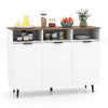 Sideboard buffet cabinet in white with adjustable shelves, three doors, and open compartments for versatile kitchen.