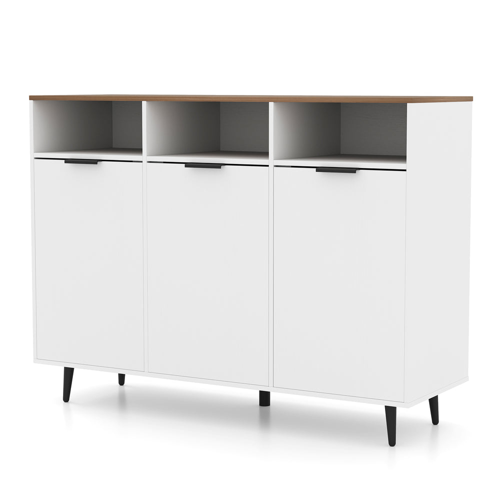 White sideboard buffet cabinet with three doors, adjustable shelves, and stable metal legs for versatile kitchen.