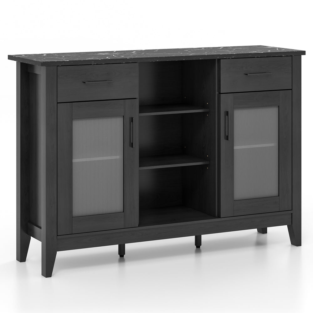 Black sideboard buffet cabinet with faux marble top, featuring 2 drawers, 2 cabinets, and 4 adjustable shelves for.