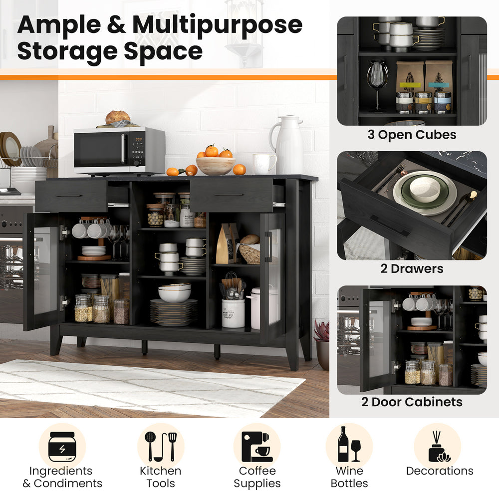 Sideboard buffet cabinet in black featuring 2 drawers, 3 open cubes, and 2 door cabinets for versatile storage.