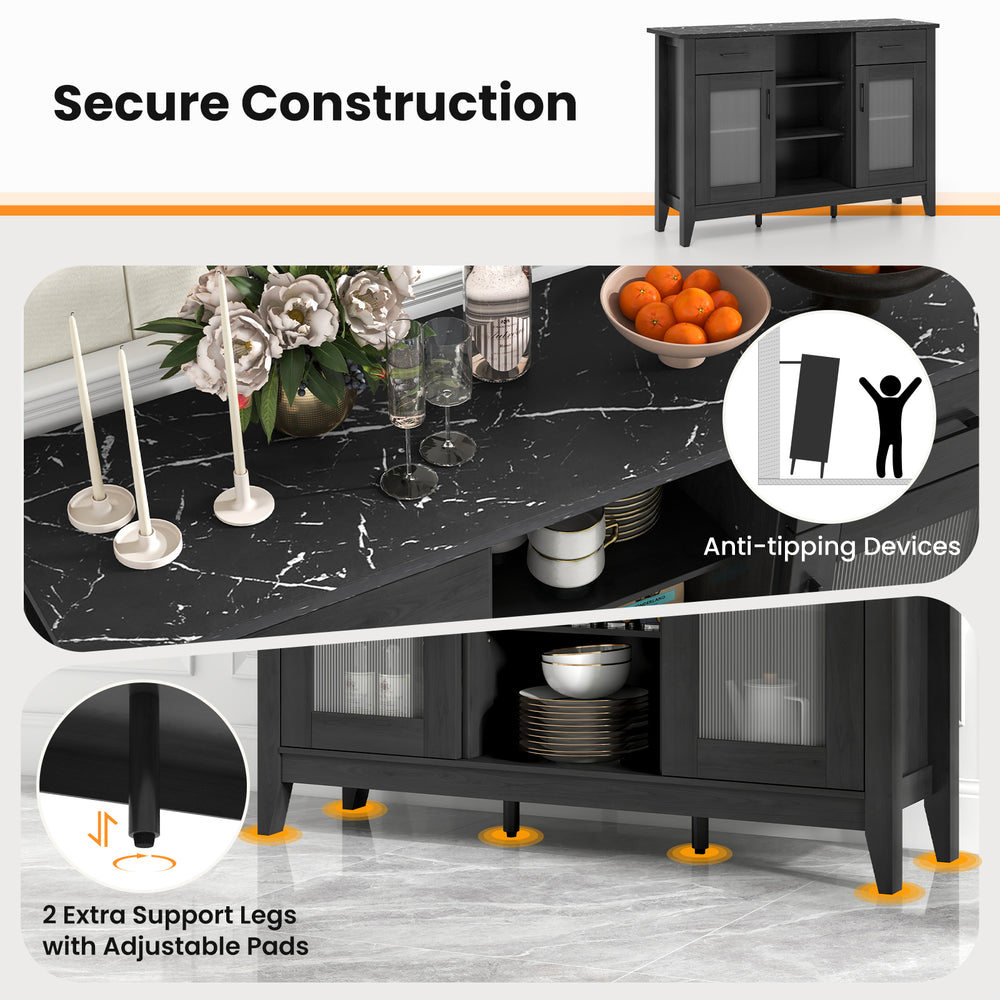 Sideboard buffet cabinet in black with faux marble top, featuring anti-tipping devices and adjustable shelves for.