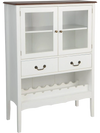 White sideboard buffet cabinet with 2 tempered glass doors, 2 drawers, and open wine rack for organized storage.