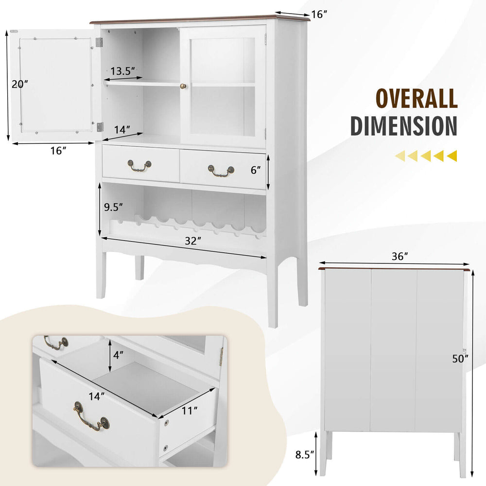 White sideboard buffet cabinet with 2 tempered glass doors, 2 drawers, and adjustable shelves for organized storage.