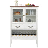 White sideboard buffet cabinet with 2 tempered glass doors, 2 drawers, and an open wine rack for organized storage.